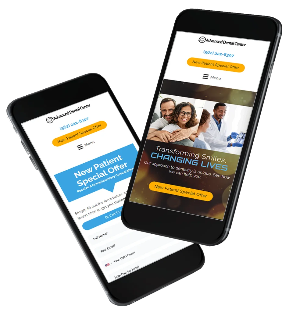 A graphic showing two smartphones with the Advanced Dental Center website pulled up on the screen